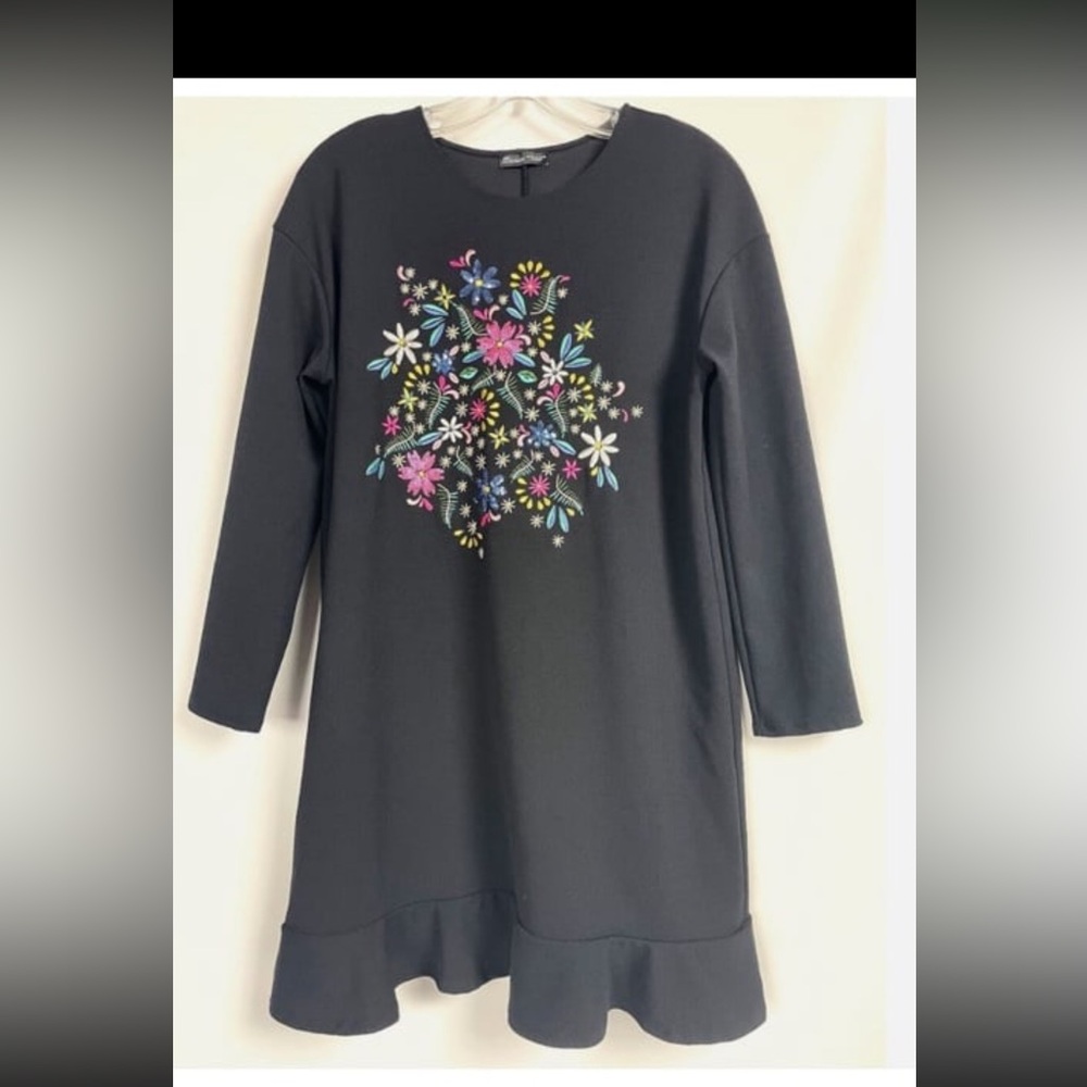 Zara new with tags small Black Dress with Floral Embroidery and ruffled …